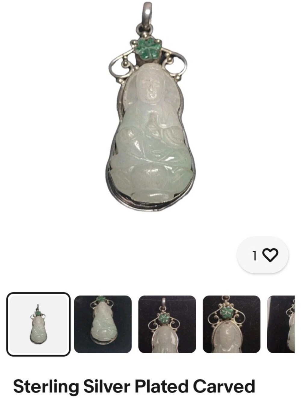 Carved Jade Kwan Yin Pendant with Green Accent Stone Sterling Silver Plated